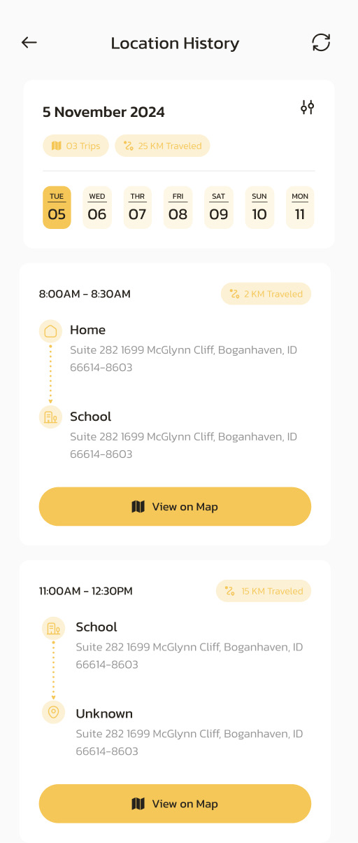 Location History screen with previous trips, times, and route details